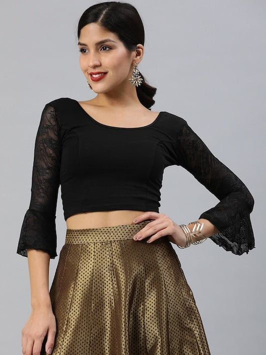 Black Cotton Stretch Saree Blouse with Lace Detail - Inddus.com