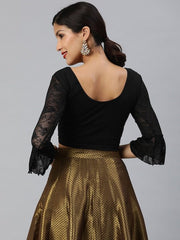 Black Cotton Stretch Saree Blouse with Lace Detail - Inddus.com