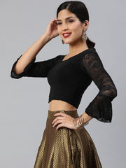 Black Cotton Stretch Saree Blouse with Lace Detail - Inddus.com