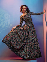 Black Crepe Festive Anarkali Gown - Inddus.com