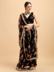 Black Digital Print Lace Bordered Saree with Blouse - inddus-us