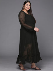 Black Dobby Weave Georgette Ethnic Maxi Dress - Inddus.com