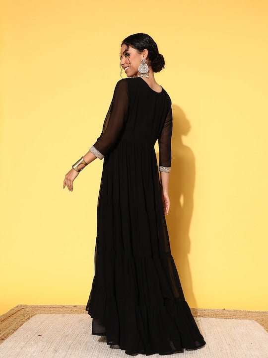 Black Embellished Embroidered Georgette Maxi Dress Black Embellished Embroidered Georgette Maxi Dress