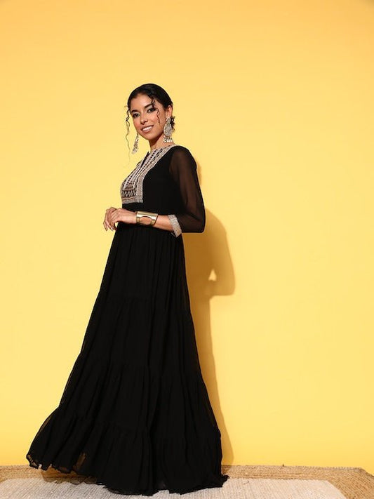 Black Embellished Embroidered Georgette Maxi Dress - Inddus.com