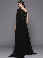 Black Embellished One Shoulder Georgette Maxi Dress - Inddus.com