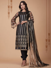 Black Embroidered Festive-Wear Straight-Cut Suit - Inddus.com