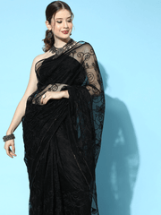 Black Embroidered Net Saree with Blouse Piece - Inddus.com