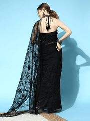 Black Embroidered Net Saree with Blouse Piece - Inddus.com
