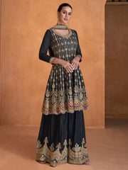 Black Embroidered Partywear Palazzo Suit - Inddus.com