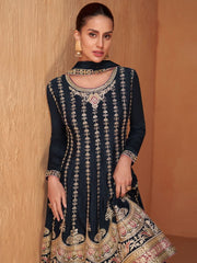 Black Embroidered Partywear Palazzo-Suit - Inddus.com