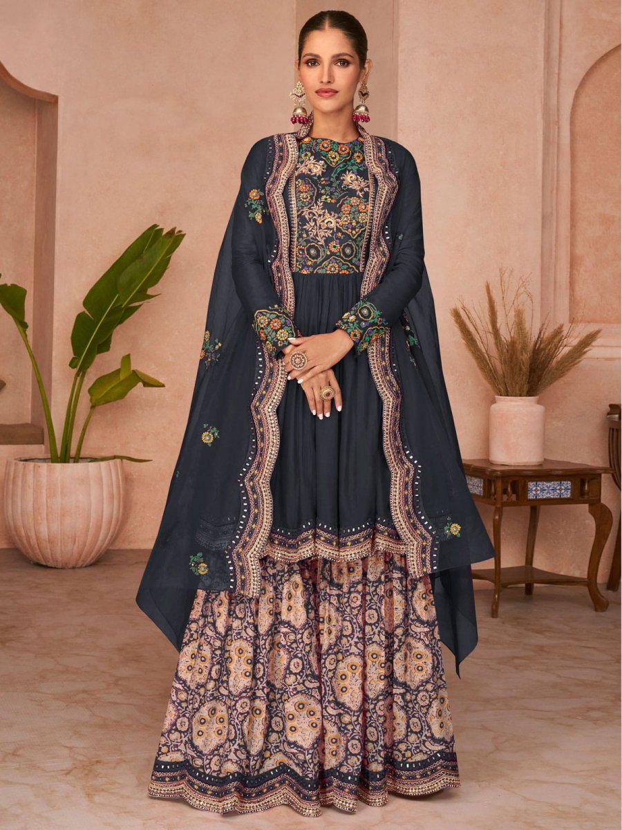 Black Embroidered Partywear Sharara-Style-Suit - Inddus.com