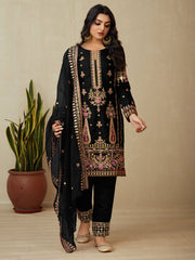 Black Embroidered Partywear Straight-Cut-Suit - Inddus.com