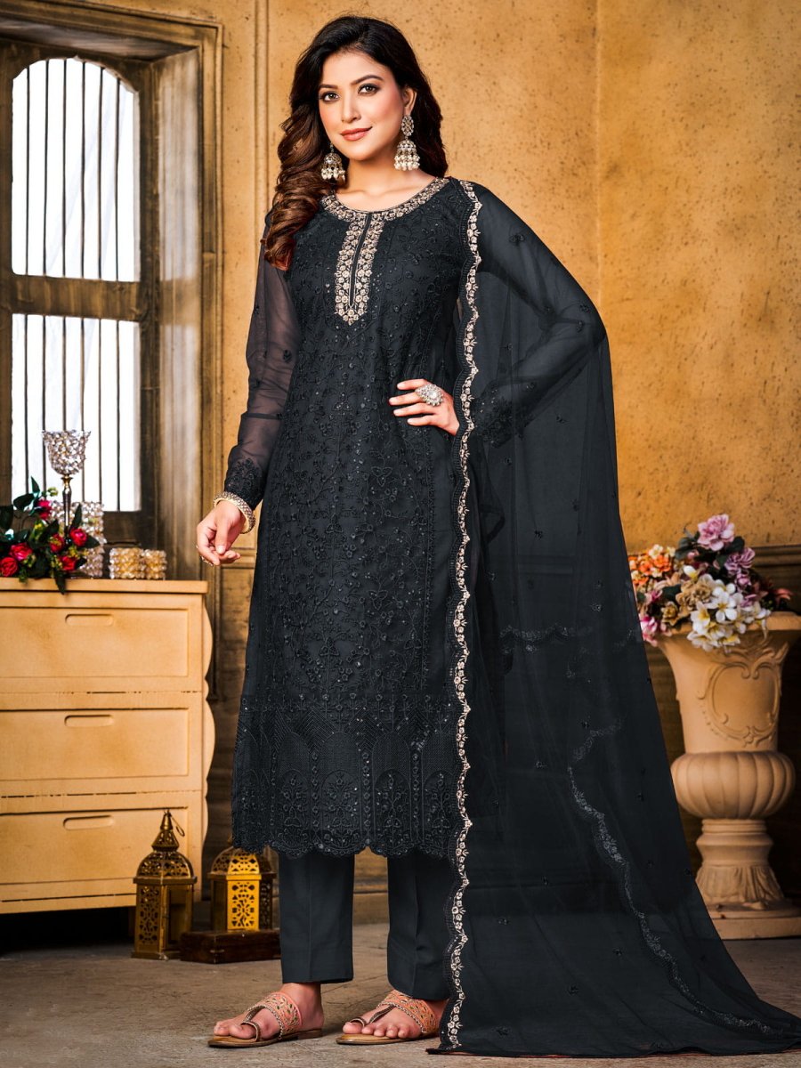 Black Embroidered Partywear Straight-Cut-Suit - Inddus.com