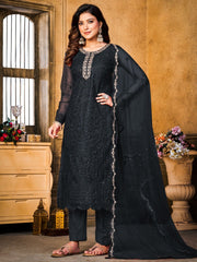 Black Embroidered Partywear Straight-Cut-Suit - Inddus.com