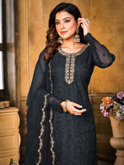 Black Embroidered Partywear Straight-Cut-Suit - Inddus.com