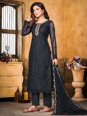 Black Embroidered Partywear Straight-Cut-Suit - Inddus.com