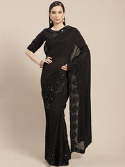 Black Embroidered Sequinned Saree - inddus-us