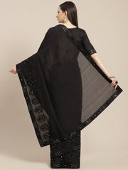 Black Embroidered Sequinned Saree - inddus-us