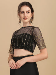Black Embroidered Silk Blend Saree - Inddus.com