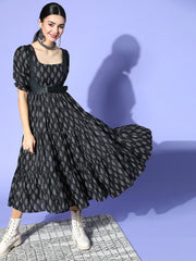 Black Ethnic Motifs Tiered Dress - Inddus.com