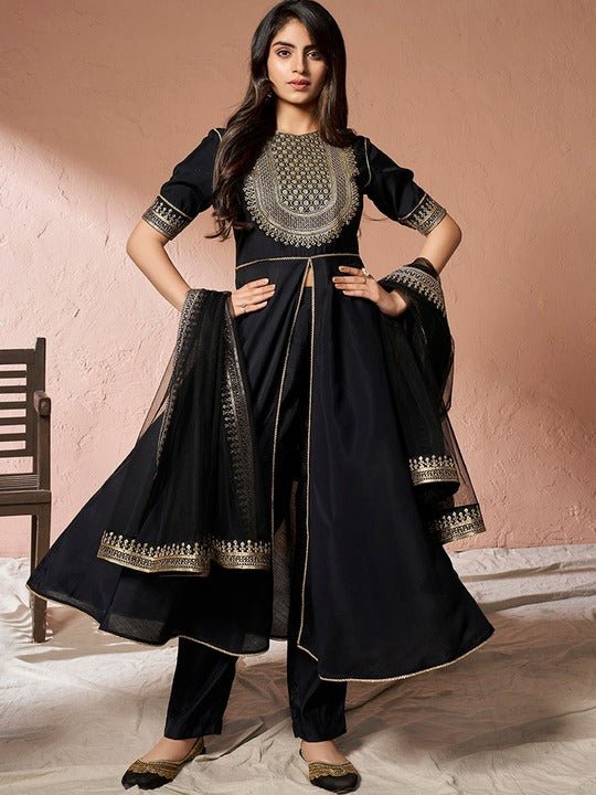 Black Ethnic Motifs Yoke Design Sequinned A-Line Kurta With Trousers & Dupatta - Inddus.com