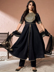 Black Ethnic Motifs Yoke Design Sequinned A-Line Kurta With Trousers & Dupatta - Inddus.com