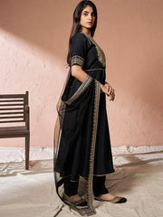 Black Ethnic Motifs Yoke Design Sequinned A-Line Kurta With Trousers & Dupatta - Inddus.com