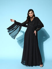 Black Floral Embroidered Georgette Ethnic Gown With Dupatta - Inddus.com