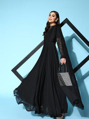 Black Floral Embroidered Georgette Ethnic Gown With Dupatta - Inddus.com