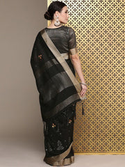 Black Floral Embroidered Linen Blend Banarasi Saree - Inddus.com