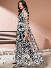 Black Floral Embroidered Net Keyhole Neck High Slit A-Line Kurta & Trousers - Inddus.com