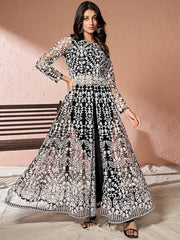 Black Floral Embroidered Net Keyhole Neck High Slit A-Line Kurta & Trousers - Inddus.com