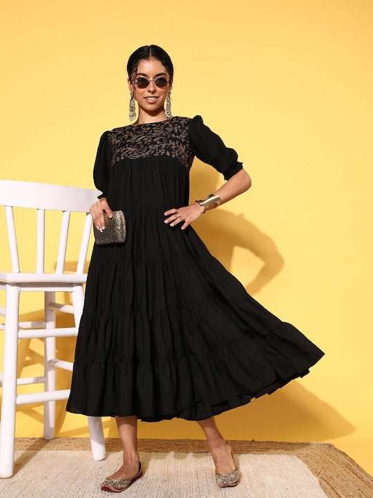 Black Floral Embroidered Puff Sleeves A-Line Midi Dress Black Floral Embroidered Puff Sleeves A-Line Midi Dress