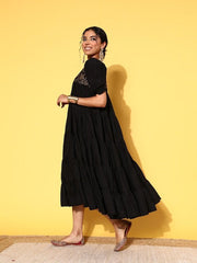 Black Floral Embroidered Puff Sleeves A-Line Midi Dress - Inddus.com