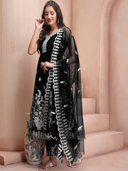 Black Floral Embroidered Thread Work Chanderi Cotton Kurta & Trousers With Dupatta - Inddus.com