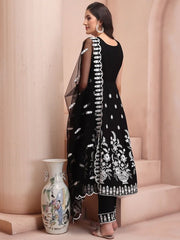 Black Floral Embroidered Thread Work Chanderi Cotton Kurta & Trousers With Dupatta - Inddus.com