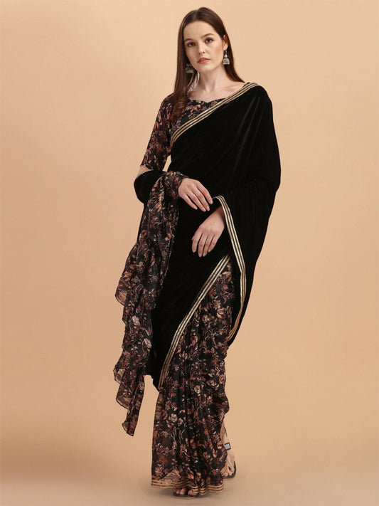 Black Floral Gotta Patti Velvet Saree - Inddus.com