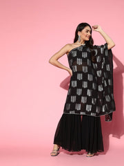 Black Foil Print Kurta with Sharara - Inddus.com