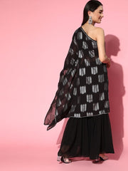 Black Foil Print Kurta with Sharara - Inddus.com