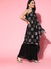 Black Foil Print Kurta with Sharara - Inddus.com
