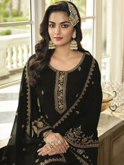 Black Georgette Embroidered Sharara-Style-Suit - Inddus.com