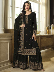 Black Georgette Embroidered Sharara-Style-Suit - Inddus.com