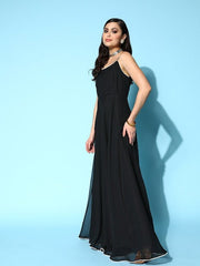 Black Georgette Ethnic Gown With Embroidered Jacket - Inddus.com
