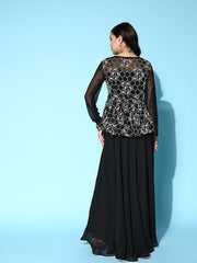 Black Georgette Ethnic Gown With Embroidered Jacket - Inddus.com