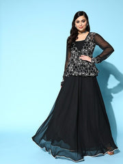 Black Georgette Ethnic Gown With Embroidered Jacket - Inddus.com
