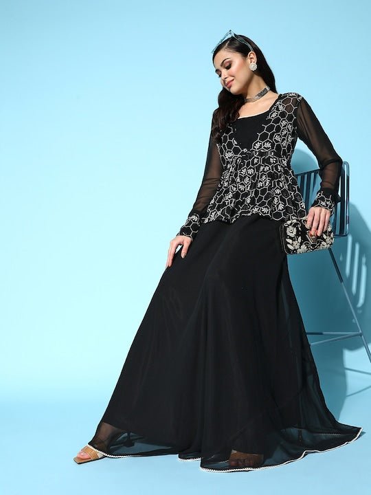 Black Georgette Ethnic Gown With Embroidered Jacket - Inddus.com