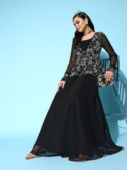Black Georgette Ethnic Gown With Embroidered Jacket - Inddus.com