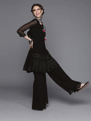 Black Georgette Sequinned Palazzo Suit - inddus-us