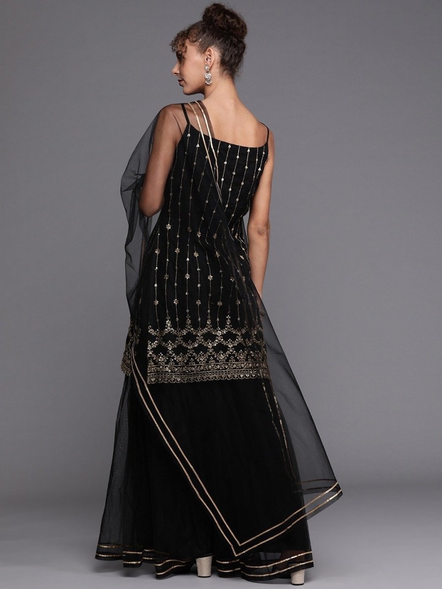 Black Gold Embroidered Kurta with Layered Sharara and Net Dupatta - Inddus.com