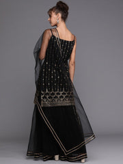 Black Gold Embroidered Kurta with Layered Sharara and Net Dupatta - Inddus.com